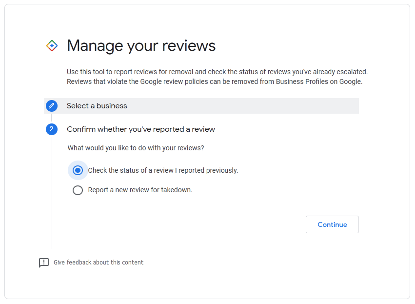 manage your reviews, step 2 - confirm whether you've reported a review