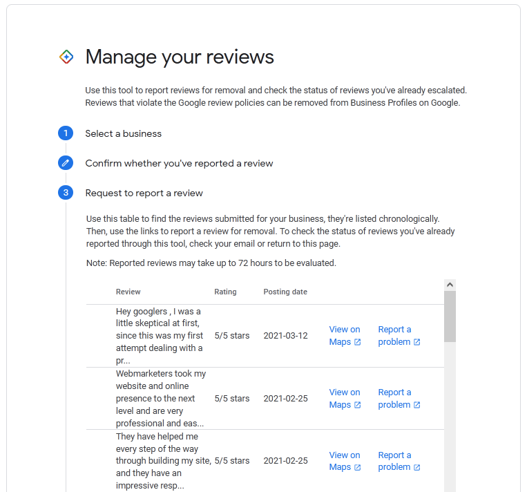 manage your reviews, step 2 part 2 - request to report a review