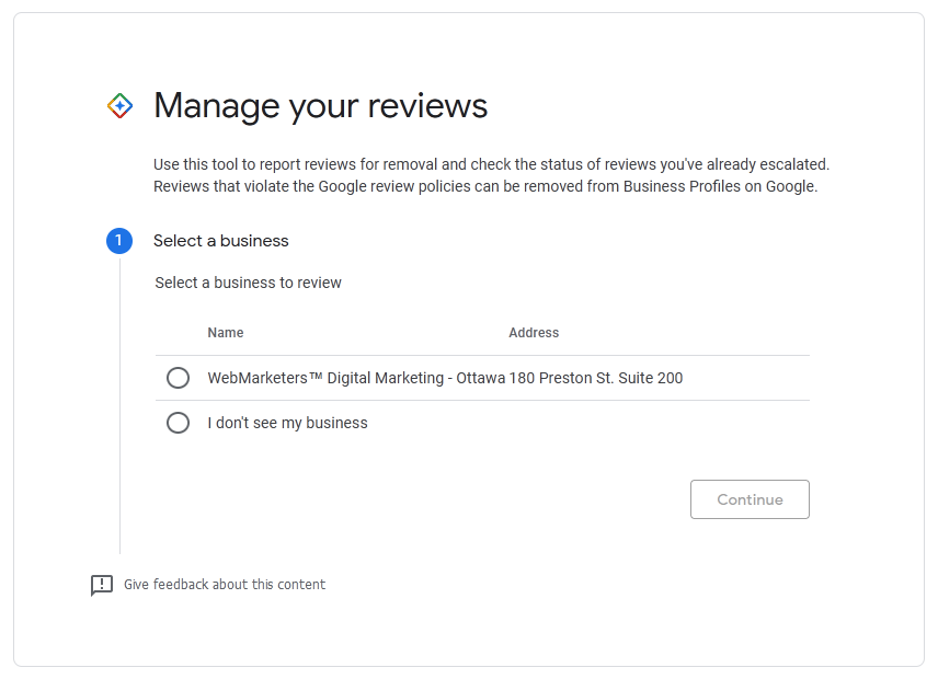 manage your reviews, step 1 - select a business