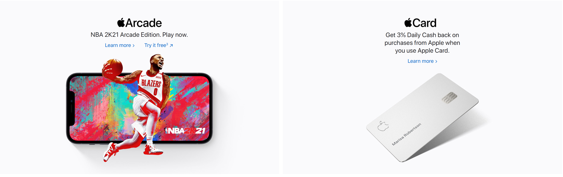 apple official website displaying apple arcade and apple card